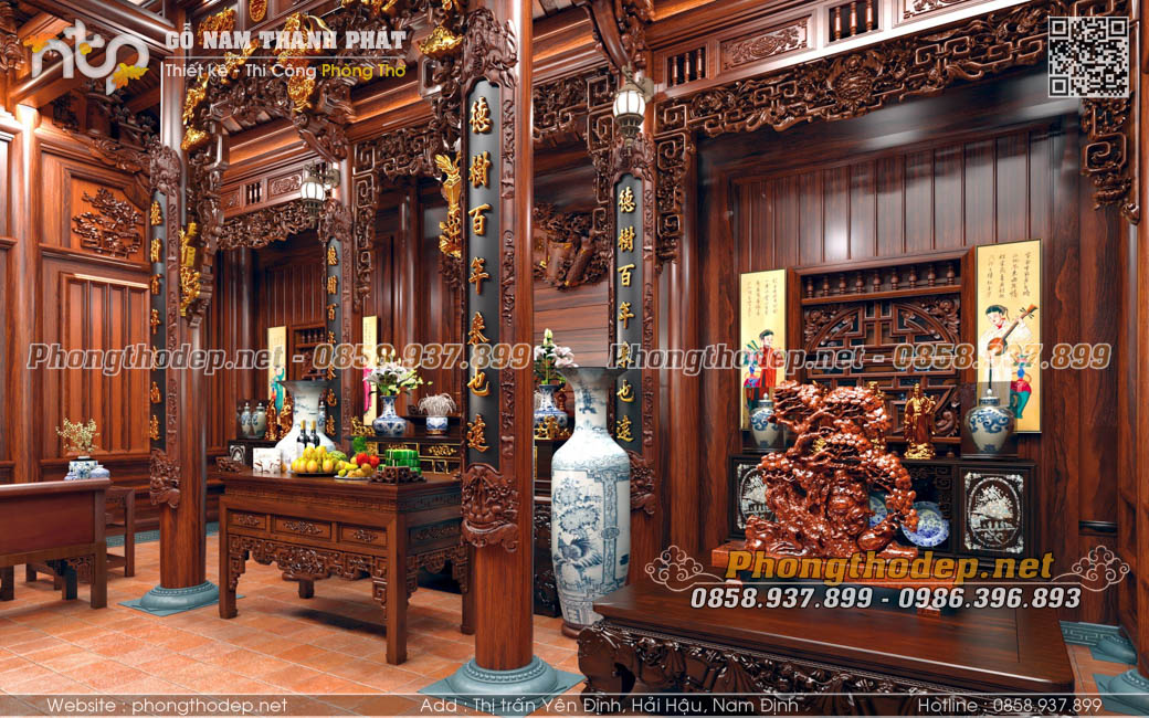 nội thất nhà gỗ 3 gian có hậu cung
